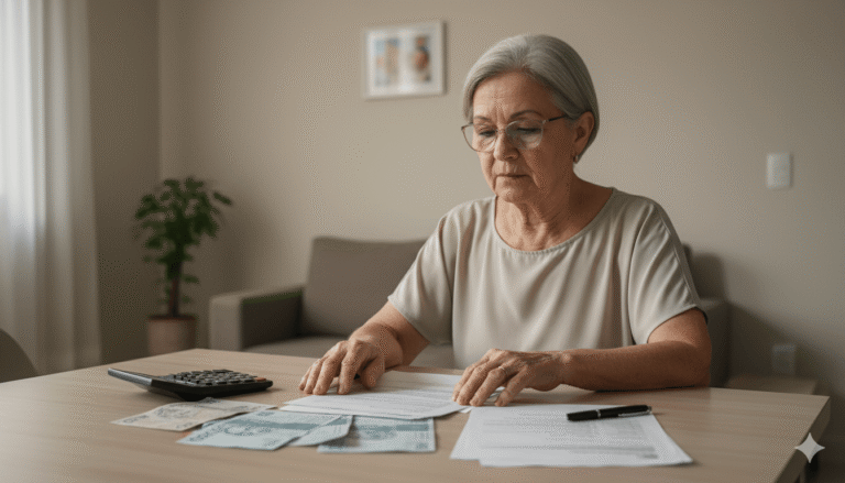 Aposentada analisando contas e papéis do INSS sobre a mesa, com expressão pensativa, refletindo sobre o impacto do salário mínimo atual no reajuste do seu benefício.
