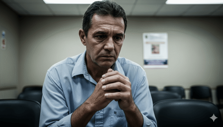 Homem de meia-idade sentado em sala de espera, com expressão de ansiedade e preocupação antes de sua perícia do INSS. Suas mãos entrelaçadas no colo demonstram o nervosismo da situação.