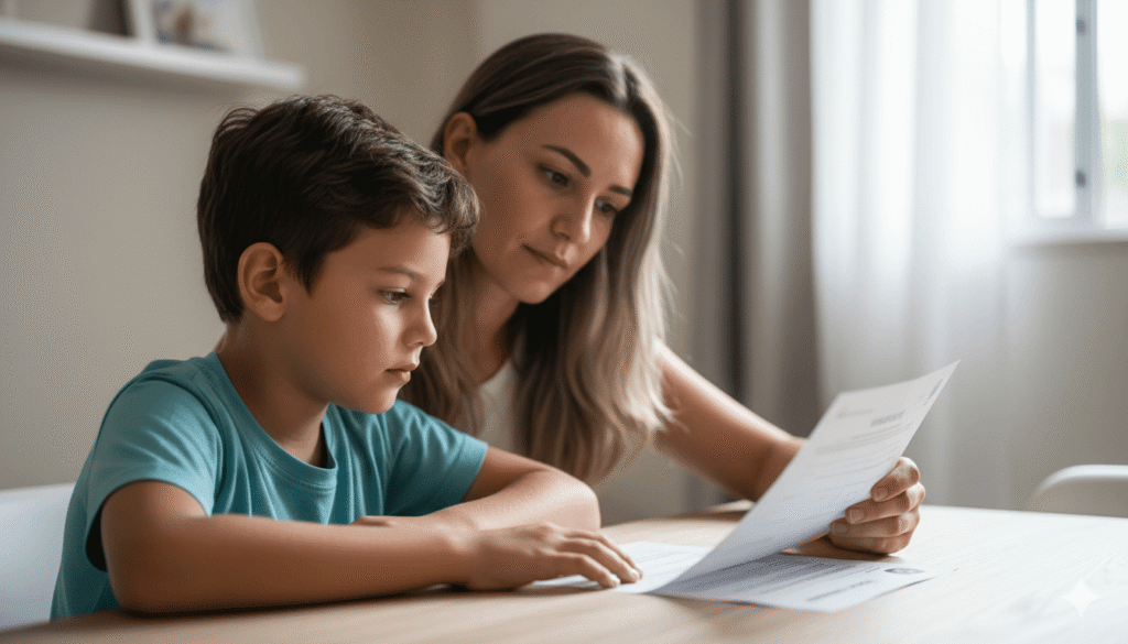 Mãe e filho com autismo analisam documento de BPC LOAS negado, mostrando determinação para reverter a decisão.