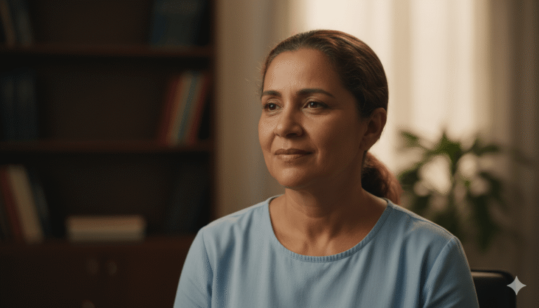 Mulher de 50 anos com expressão serena e de alívio, sentada em um ambiente acolhedor, recebendo orientação sobre como ser aprovada na avaliação social do BPC LOAS.