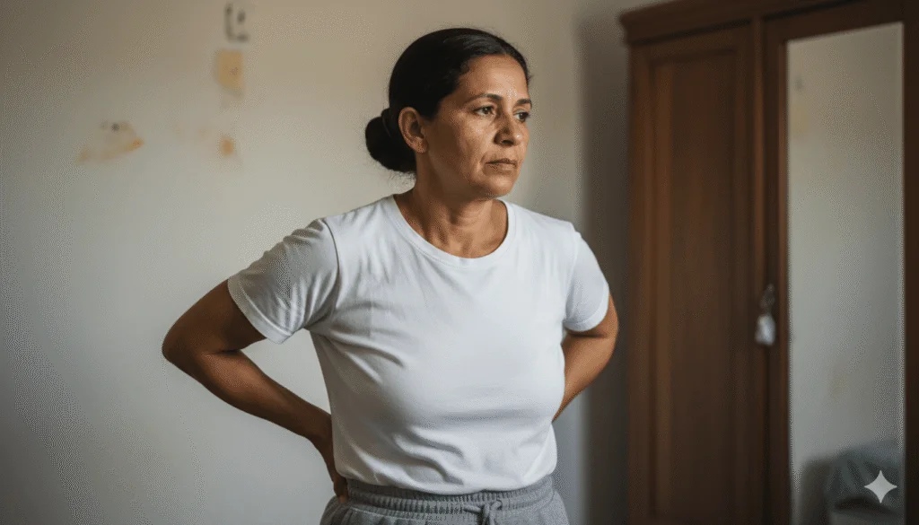 Mulher de 54 anos com expressão de cansaço e preocupação sentada na beira da cama, com a mão na região lombar, representando a dor crônica do CID M54.5 e a incerteza sobre a aposentadoria por invalidez.