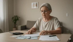 Aposentada analisando contas e papéis do INSS sobre a mesa, com expressão pensativa, refletindo sobre o impacto do salário mínimo atual no reajuste do seu benefício.