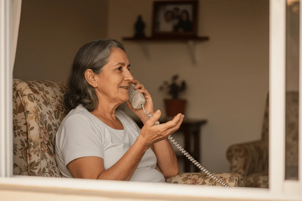 Senhora sorri aliviada em sua sala de estar enquanto conversa ao telefone com advogado sobre a solução para seu BPC LOAS negado.