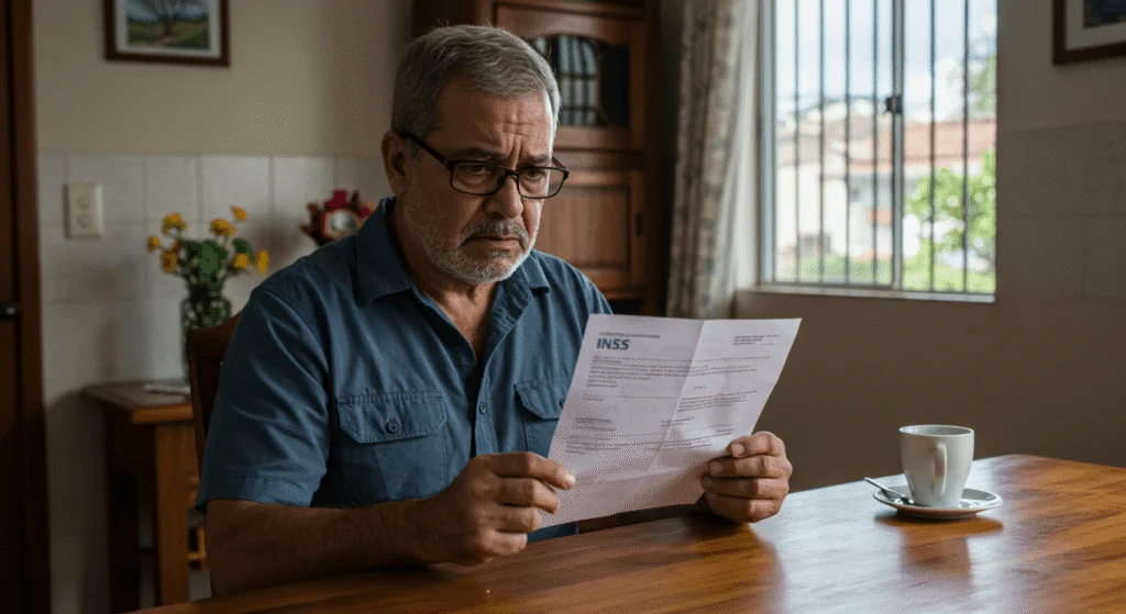 Homem de 58 anos, com expressão preocupada, segura carta de negativa do INSS enquanto um advogado previdenciário especialista oferece apoio.