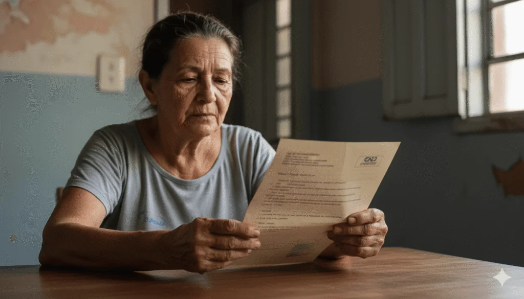 Senhora idosa sentada à mesa, lendo com expressão de preocupação uma carta oficial sobre seu BPC LOAS cortado.