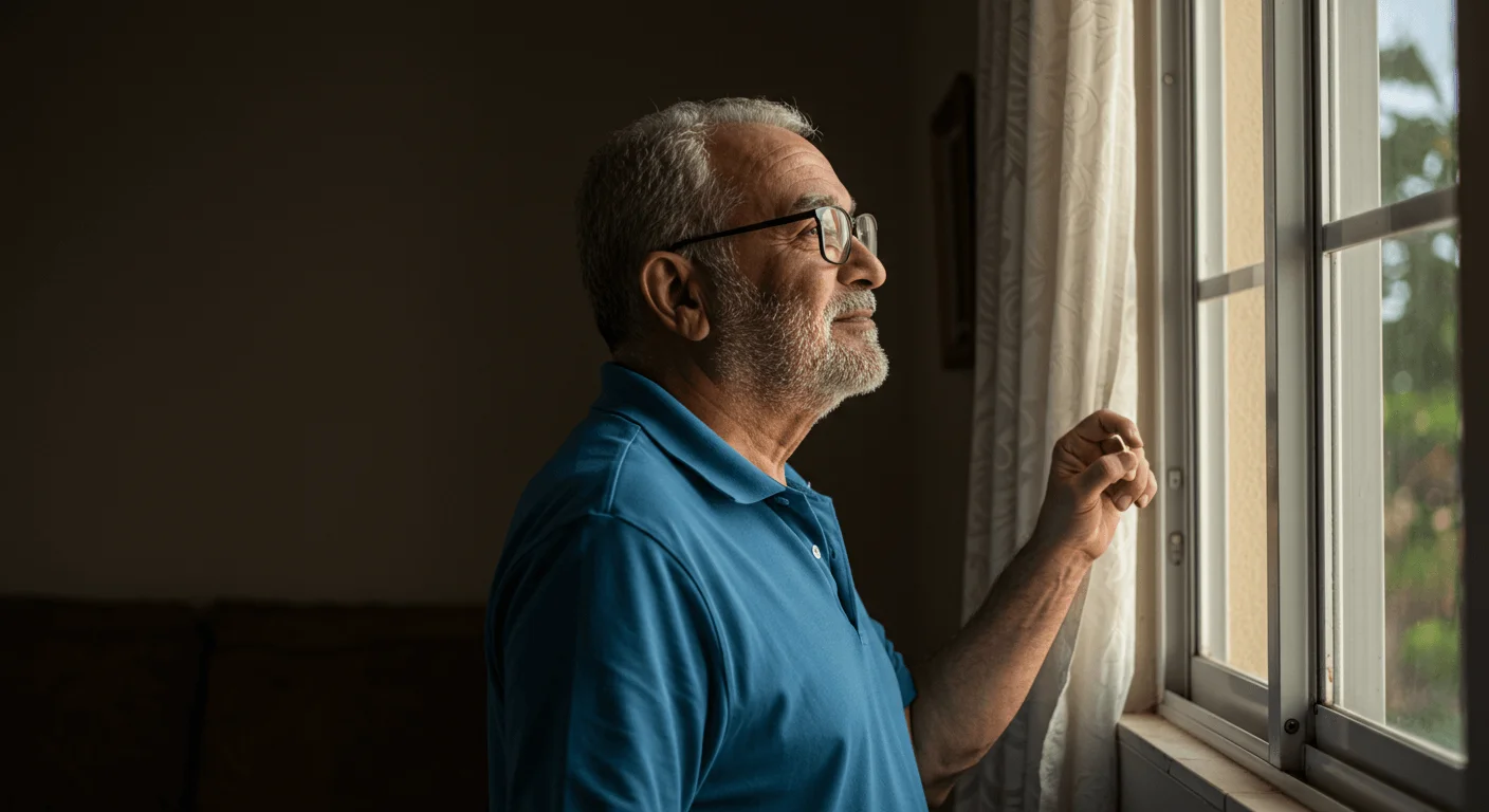 Idoso com uma expressão de alívio e esperança, olhando pela janela em sua casa, simbolizando o futuro com o BPC LOAS garantido.