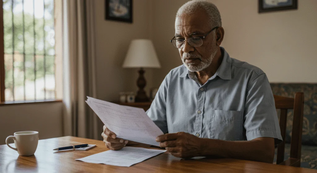 Idoso brasileiro sentado à mesa, com expressão preocupada, analisando documentos do INSS, representando a dificuldade de conseguir o BPC LOAS Idoso.
