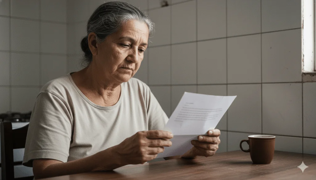 Senhora sentada à mesa da cozinha, com expressão preocupada, lendo a carta oficial com a notícia de seu BPC LOAS negado.