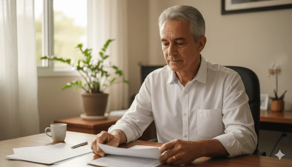 Homem de 60 anos planejando sua aposentadoria com um guia de benefícios do INSS em uma mesa organizada.