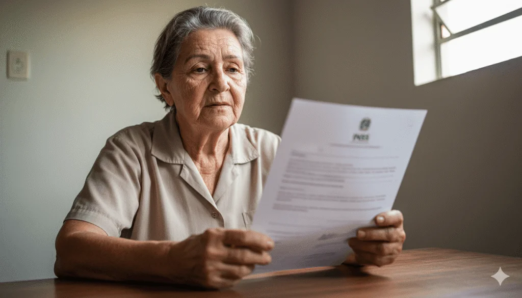 Mulher idosa lendo a carta de negativa do BPC LOAS Idoso Negado, mostrando preocupação.