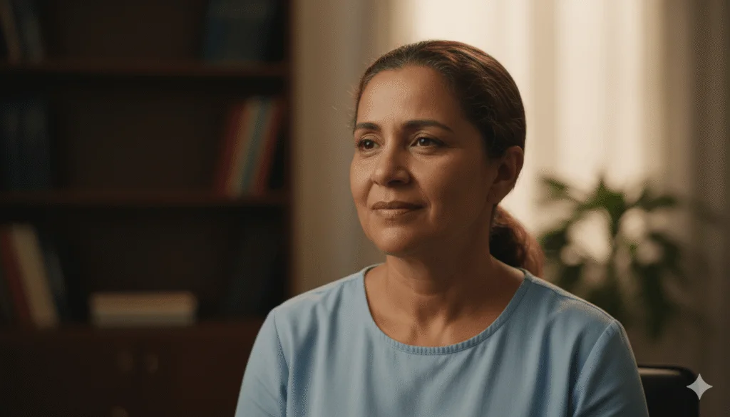 Mulher de 50 anos com expressão serena e de alívio, sentada em um ambiente acolhedor, recebendo orientação sobre como ser aprovada na avaliação social do BPC LOAS.