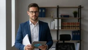 Advogado especialista em direito da saúde analisando documentos de negativa de cobertura de plano médico em escritório profissional